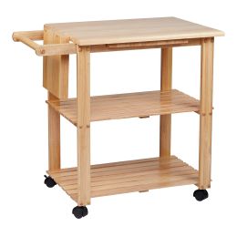 DunaWest 34 Inch Rubberwood Kitchen Cart, 2 Open Shelves, Knife Holder, Cutting Board, Oak Brown