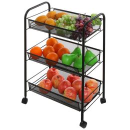 Exquisite Honeycomb Net Three Tiers Storage Cart with Hook Black RT