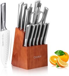 Kitchen Knife Set, 15 Piece Knife Sets with Block Chef Knife Stainless Steel Hollow Handle Cutlery with Manual Sharpener Amazon Platform Banned