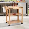 DunaWest 34 Inch Rubberwood Kitchen Cart, 2 Open Shelves, Knife Holder, Cutting Board, Oak Brown