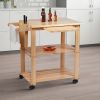 DunaWest 34 Inch Rubberwood Kitchen Cart, 2 Open Shelves, Knife Holder, Cutting Board, Oak Brown