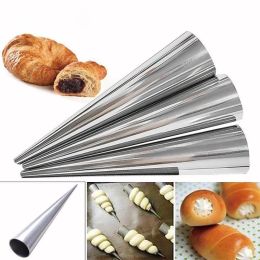 5Pcs/set Stainless Steel Spiral Croissants Molds Conical Tube Cone Roll Cream Baking Pastry Tool (Color: Silver)