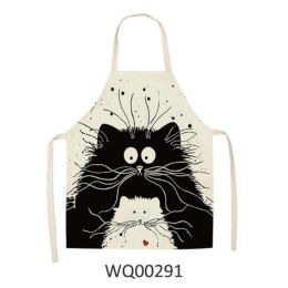 1pcs Kitchen Apron Cute Cat Printed Sleeveless Cotton Linen Aprons For Men Women Home Cleaning Tools (Color: WQ00294)