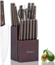 Commercial Home Kitchen Knife Sets 15 Piece With Block Chef Knives Hollow Handle Cutlery Set Etc (Color: Dark Brown)