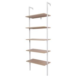 5-Shelf Wood Ladder Bookcase with Metal Frame, Industrial 5-Tier Modern Ladder Shelf Wood Shelves XH (Color: Walnut and White Frame)