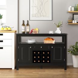 Elegant Classical Multifunctional Wooden Wine Cabinet Table (Color: Black)