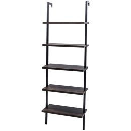 5-Shelf Wood Ladder Bookcase with Metal Frame, Industrial 5-Tier Modern Ladder Shelf Wood Shelves XH (Color: Dark Walnut and Black Frame)