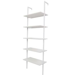 5-Shelf Wood Ladder Bookcase with Metal Frame, Industrial 5-Tier Modern Ladder Shelf Wood Shelves XH (Color: White)