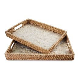 Set 2 Pack Rectangular Rattan Wicker Tray with Mother of Pearl Inlay Wooden Base With Handle for Home Decor and Display (Color: Natural Rattan)