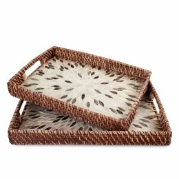 Set 2 Pack Rectangular Rattan Wicker Tray with Mother of Pearl Inlay Wooden Base With Handle for Home Decor and Display (Color: Brown Rattan)