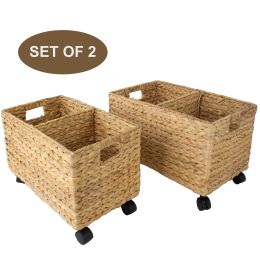 Woven Storage Baskets on wheels (Set 2) | Under Counter & Under Desk Storage - Toy Organizer (Style & Materials: Fishbone - Water Hyacinth)