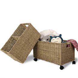 Woven Storage Baskets on wheels (Set 2) | Under Counter & Under Desk Storage - Toy Organizer (Style & Materials: Wickered - Seagrass)