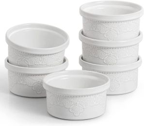 FE Ramekins, Lace Emboss Ramekin 8 Oz Oven Safe, Creme Brulee Set Of 6, Ceramic Souffle Dish For Baking Dessert And Cake (Color: White)