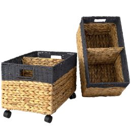 Woven Storage Baskets on wheels (Set 2) | Under Counter & Under Desk Storage - Toy Organizer (Style & Materials: Mix of Seagrass - Water Hyacinth)